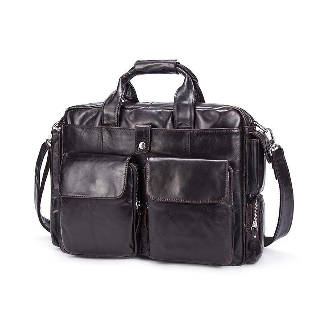 Rossie Viren men's large handmade vintage leather briefcase with shoulder strap, detailed stitching and classic design, handbag style.