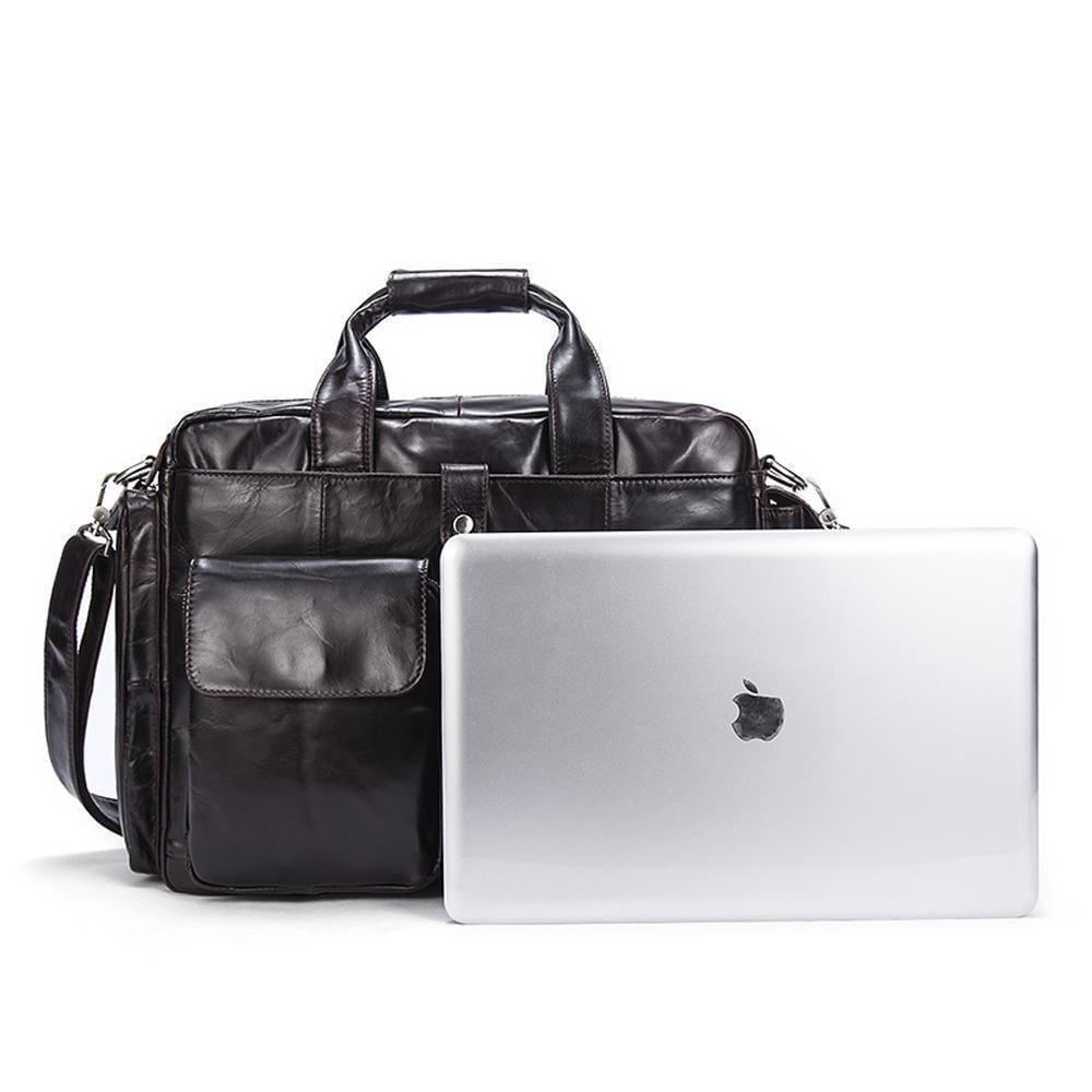 Rossie Viren men's large handmade vintage leather briefcase messenger shoulder bag showing front view and detailed craftsmanship.