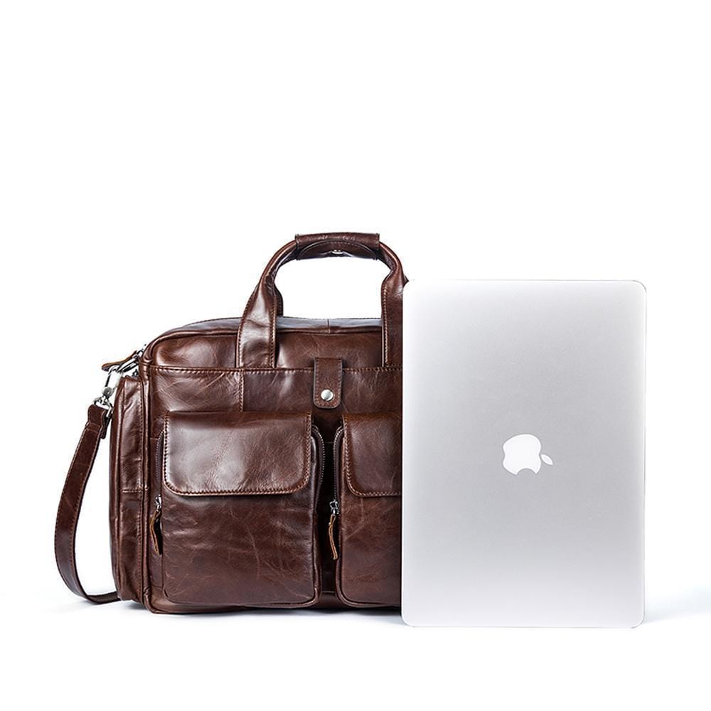 Rossie Viren men's large handmade vintage leather briefcase messenger shoulder bag with sturdy leather strap and classic design.