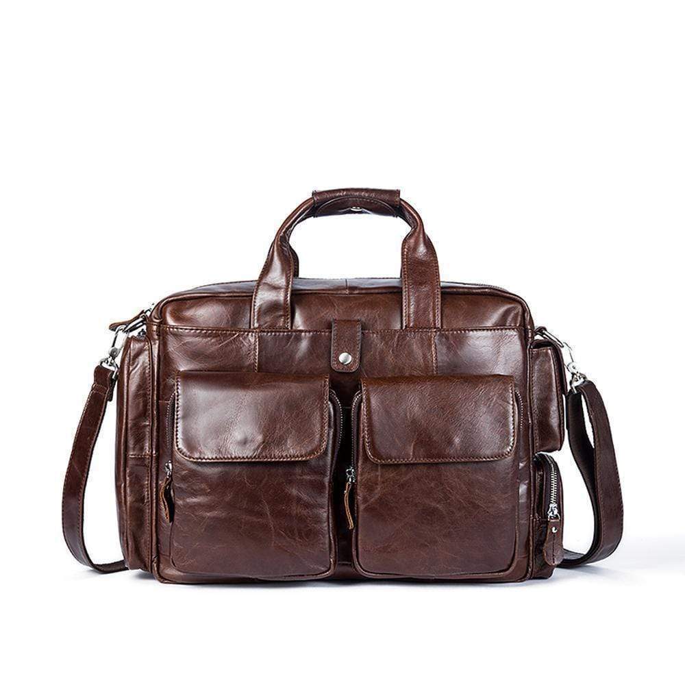 Rossie Viren men's large handmade vintage leather briefcase with shoulder strap, messenger style, featuring classic craftsmanship and rich leather.