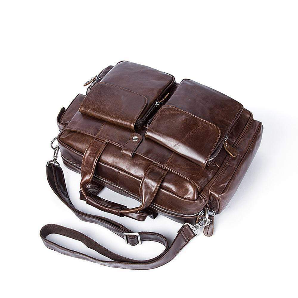 Rossie Viren men's large vintage leather briefcase with shoulder strap, handcrafted, classic messenger handbag for professional use.