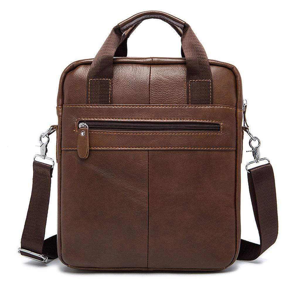 Rossie Viren vertical vintage leather messenger bag for laptop and tablet, featuring a classic handbag design with sturdy straps.
