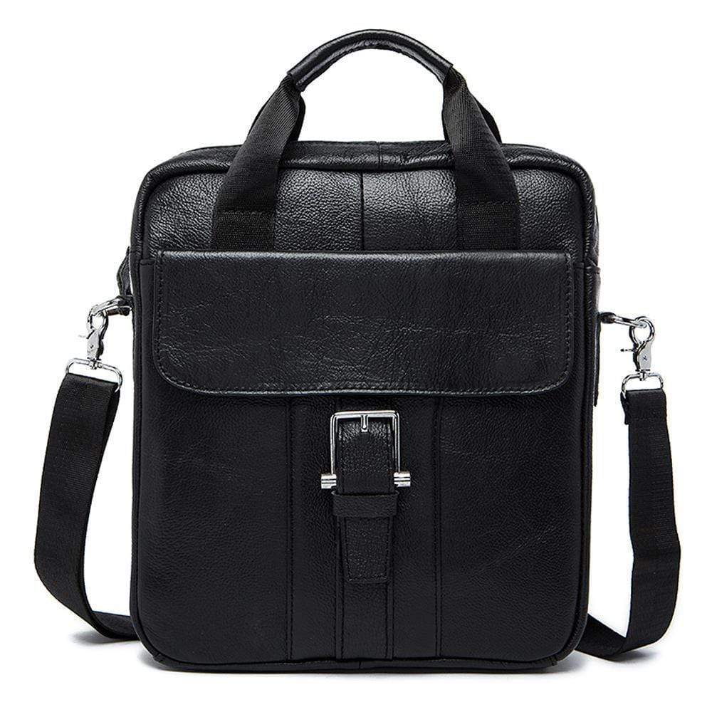 Rossie Viren vertical vintage leather messenger bag with adjustable strap, designed for laptops and tablets.