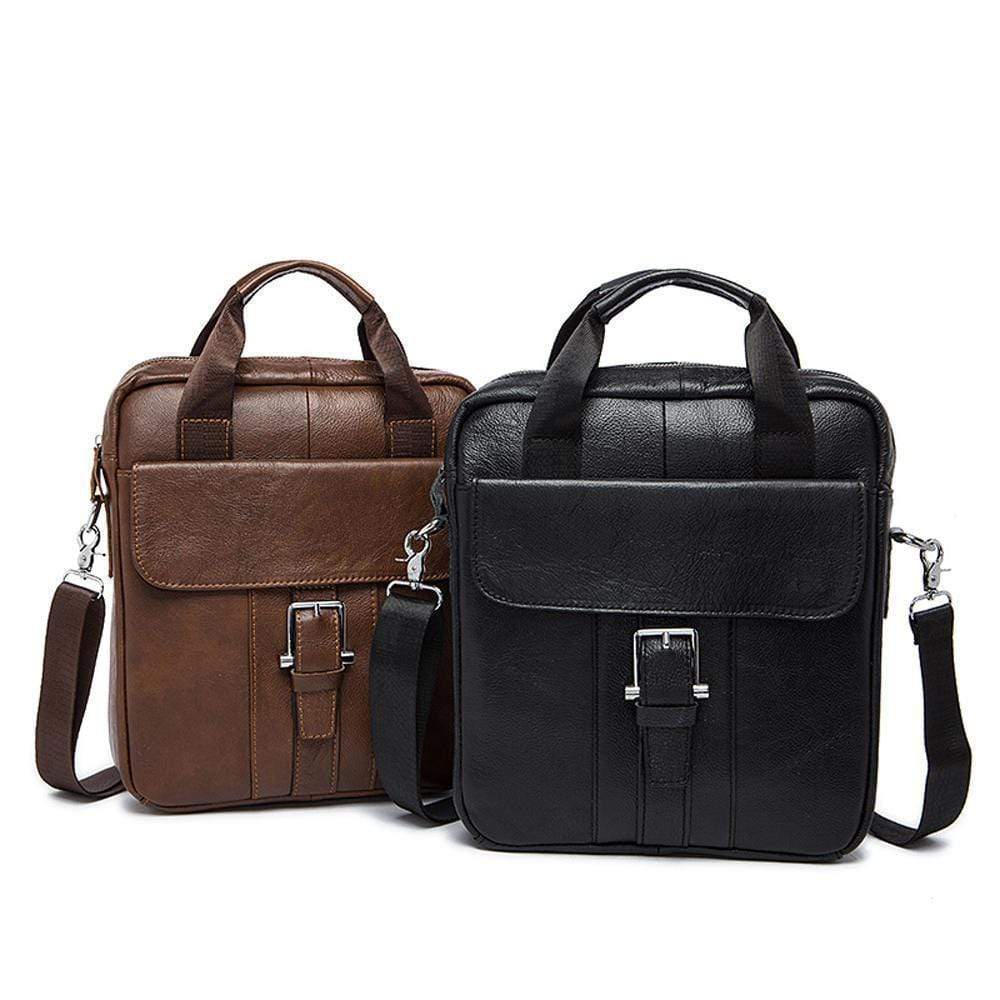 Rossie Viren vertical vintage leather messenger bag for laptop and tablet, showcasing a stylish handbag design with adjustable strap