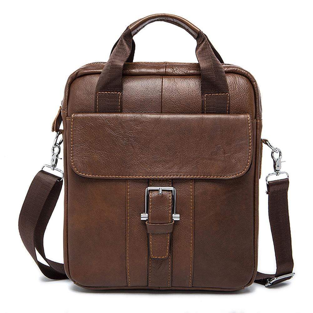 Rossie Viren vertical vintage leather messenger bag for laptop and tablet, featuring a classic handbag design.