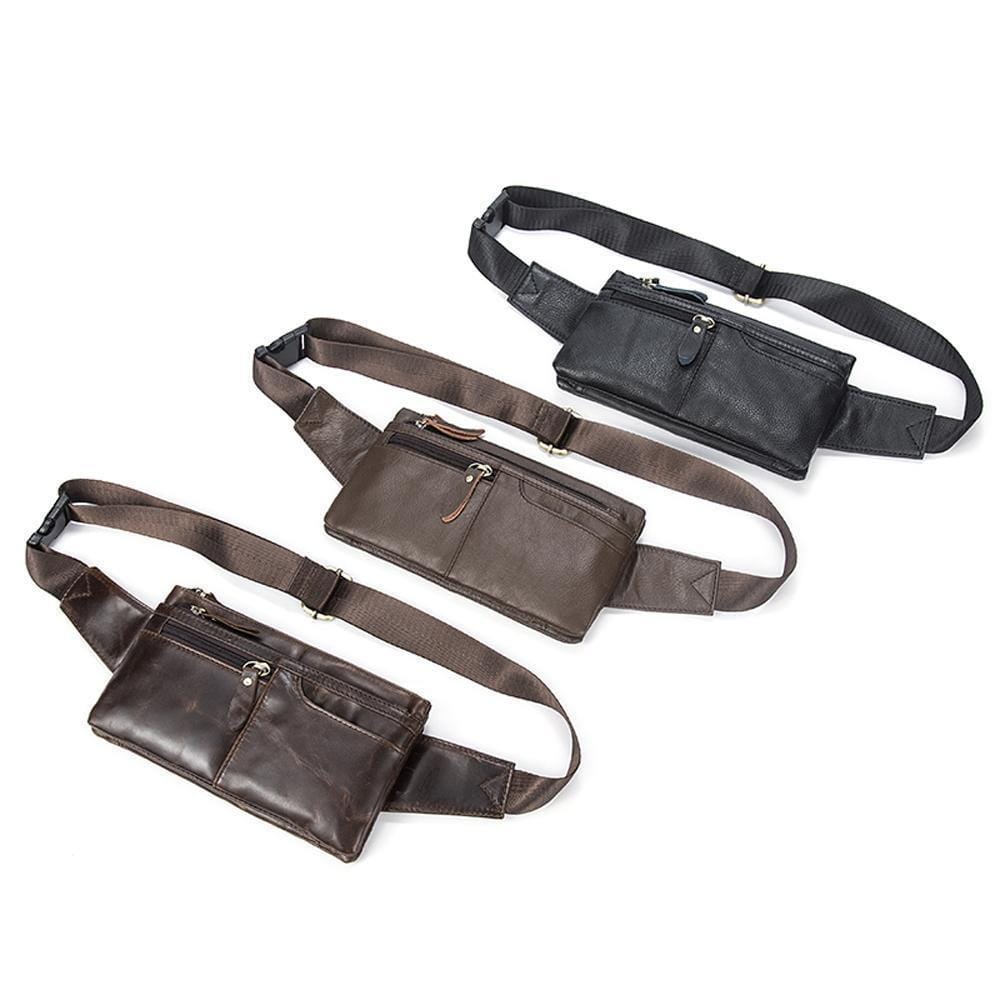 Rossie Viren vintage calfskin leather waist bag, fanny pack, and belt bag with adjustable strap and classic design.