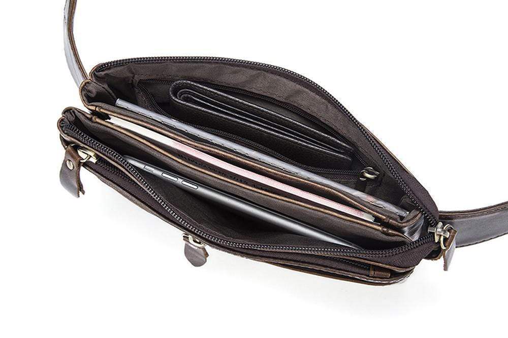 Rossie Viren vintage calfskin leather waist bag, fanny pack, and belt bag with a classic design and adjustable strap.