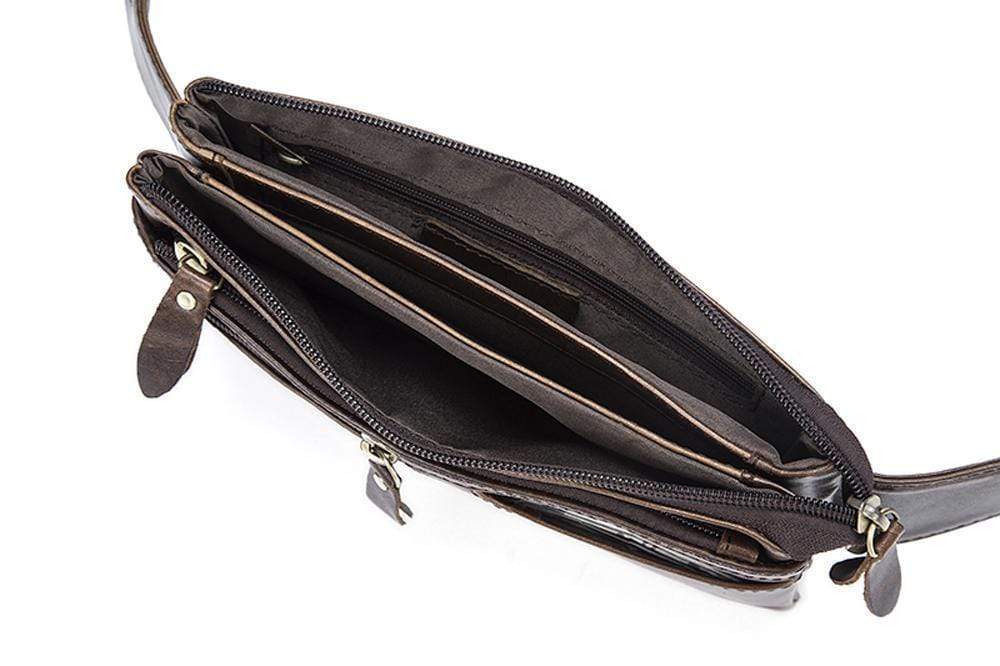 Rossie Viren vintage calfskin leather waist bag with adjustable strap, worn as a fanny pack or belt bag.