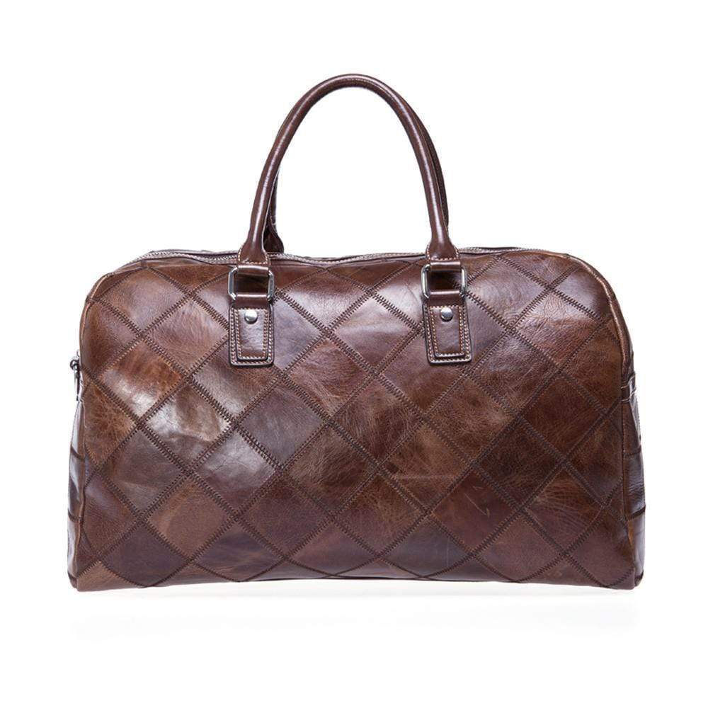 Rossie Viren vintage genuine leather quilted travel duffel bag with shoulder strap, ideal for weekend carry-on luggage and travel.