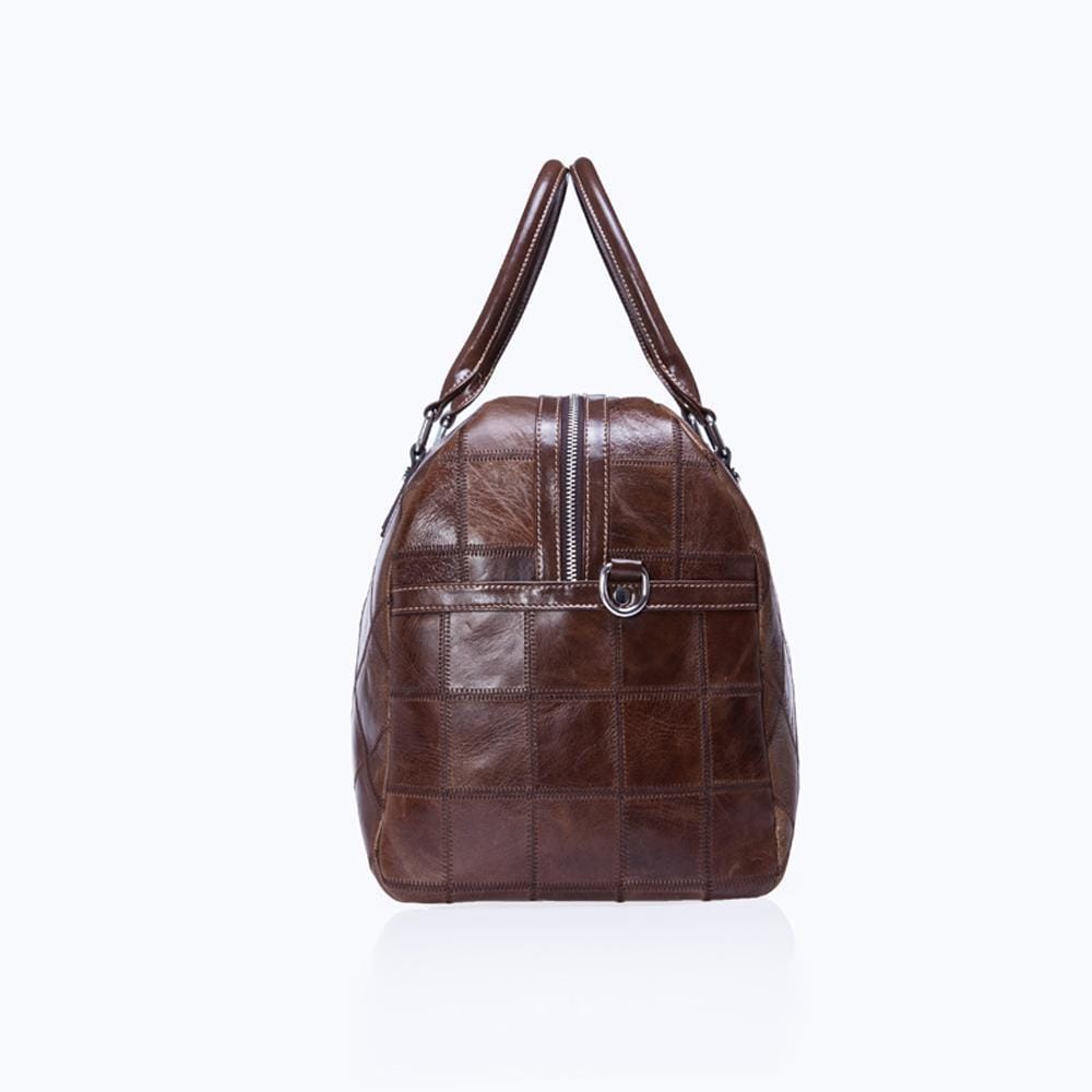 Rossie Viren vintage genuine leather quilted travel duffel bag with shoulder strap, designed for weekend carry-on luggage.