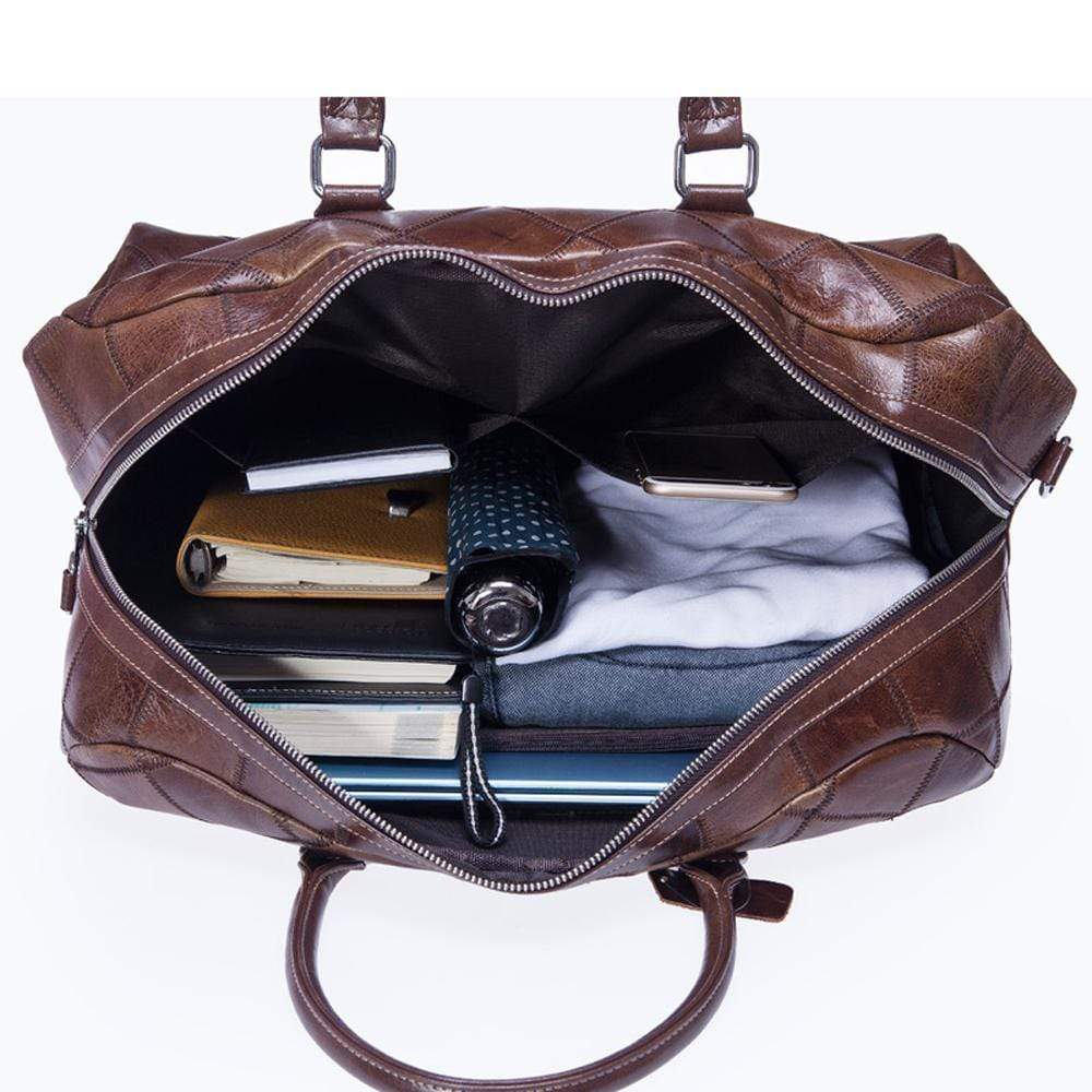 Rossie Viren vintage genuine leather quilted travel duffel bag with shoulder strap, designed for weekend trips and carry-on luggage.