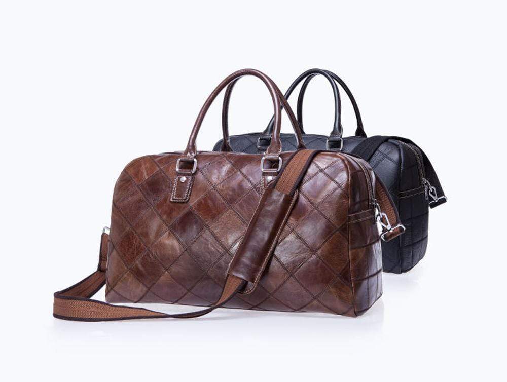 Rossie Viren vintage genuine leather quilted travel duffel bag with shoulder strap, designed for weekend carry-on luggage.
