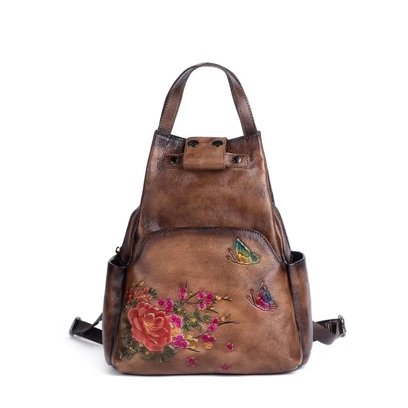 Rossie Viren vintage leather backpack for women, stylish leather rucksack with adjustable straps, perfect for everyday use and gifting.