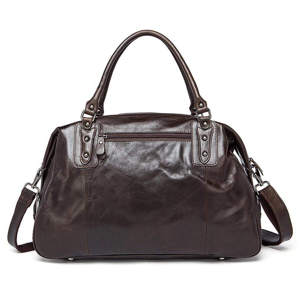 Rossie Viren vintage leather large travel carry-all unisex weekender duffel shoulder bag with sturdy handles and spacious interior.