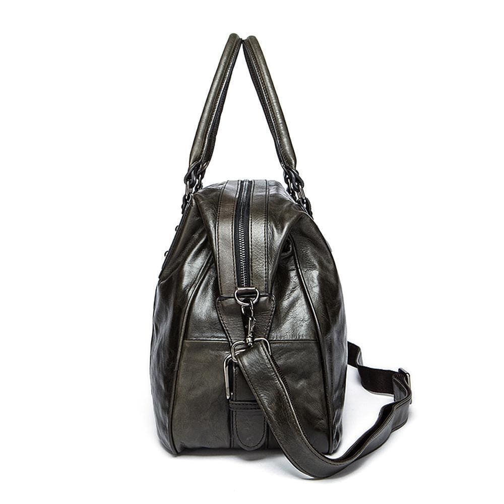 Rossie Viren vintage leather large travel carry-all duffel bag with shoulder strap, unisex style, spacious travel handbag.