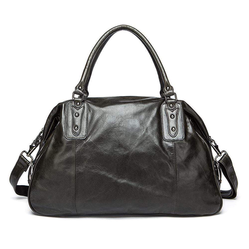 Rossie Viren vintage leather large travel carry-all duffel bag with shoulder strap, unisex weekender handbag in brown leather.