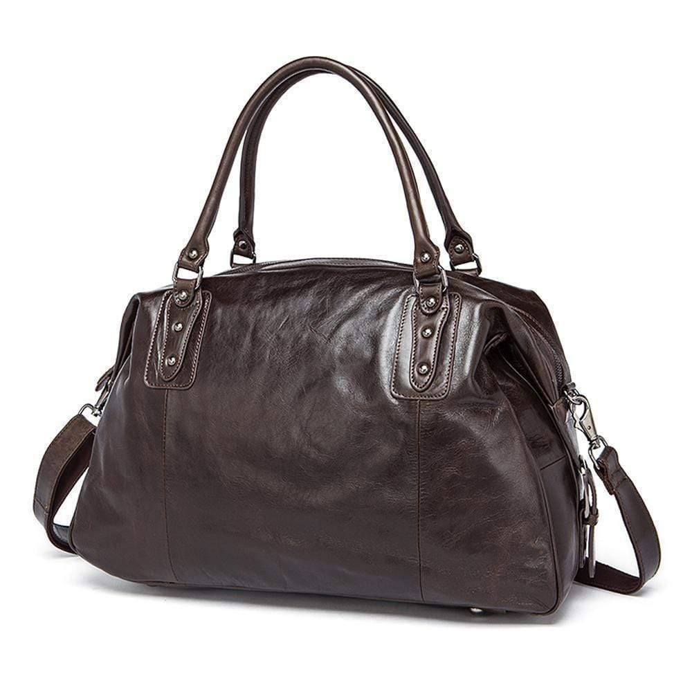 Rossie Viren vintage leather large travel carry-all unisex weekender duffel shoulder bag with sturdy handles and spacious interior.