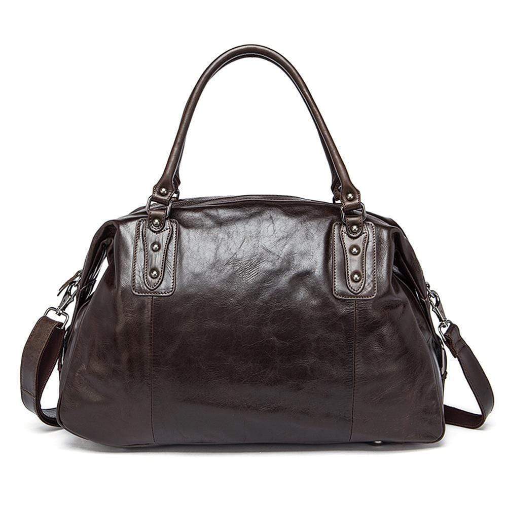 Rossie Viren vintage leather large travel carry-all unisex weekender duffel shoulder handbag showing spacious design and sturdy handles.