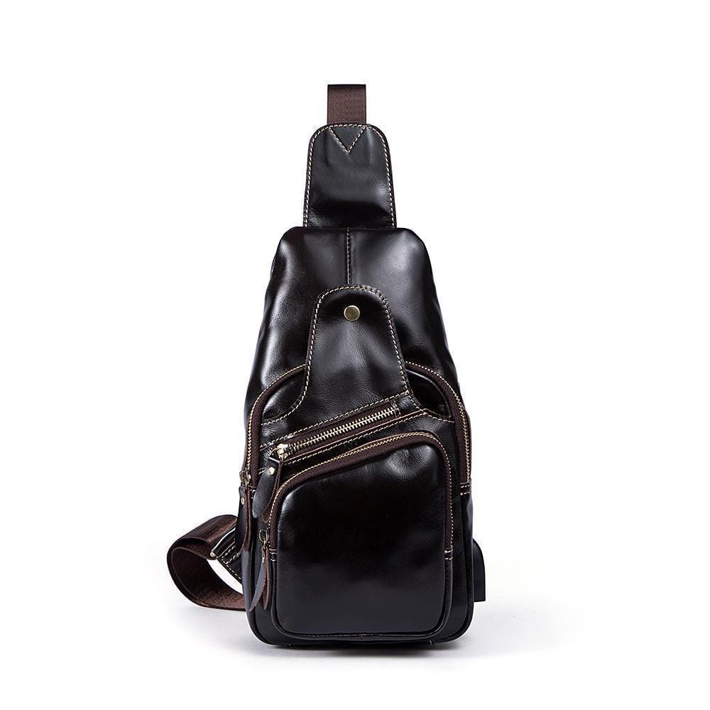 Rossie Viren vintage leather sling bag with USB charging port, shoulder crossbody design, ideal for outdoor sport and travel.