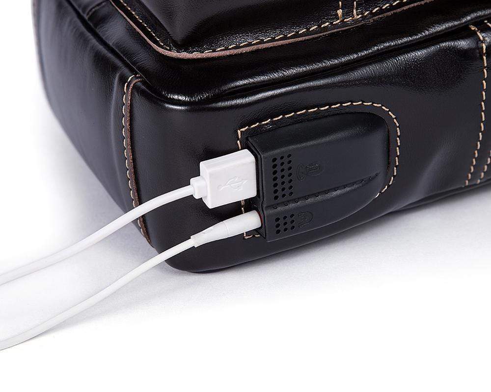 Rossie Viren vintage leather sling bag with shoulder strap, USB charging port, crossbody design, outdoor sport travel daypack for men