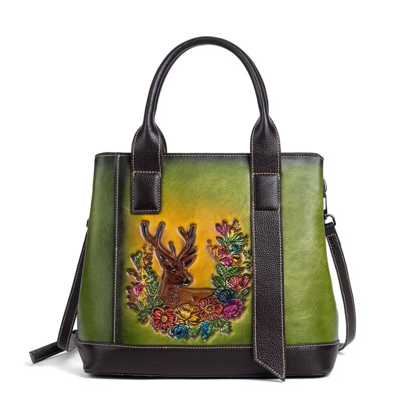 Rossie Viren women's leather handbag with top handle, crossbody strap, tote style, shoulder bag for women.