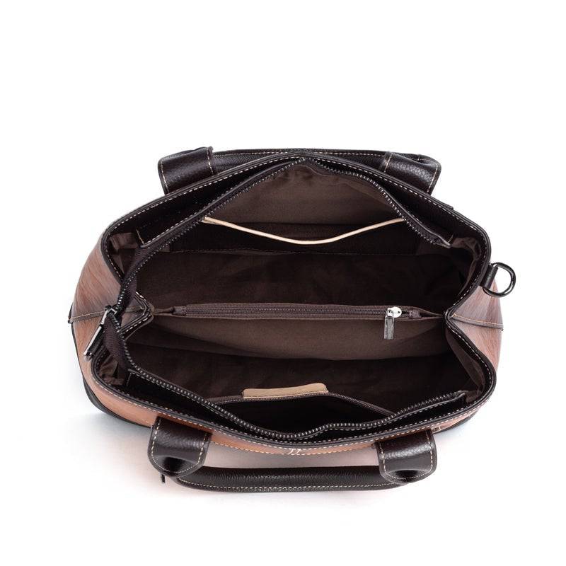 Rossie Viren women's leather handbag featuring top handle, crossbody strap, tote style, and shoulder bag design.
