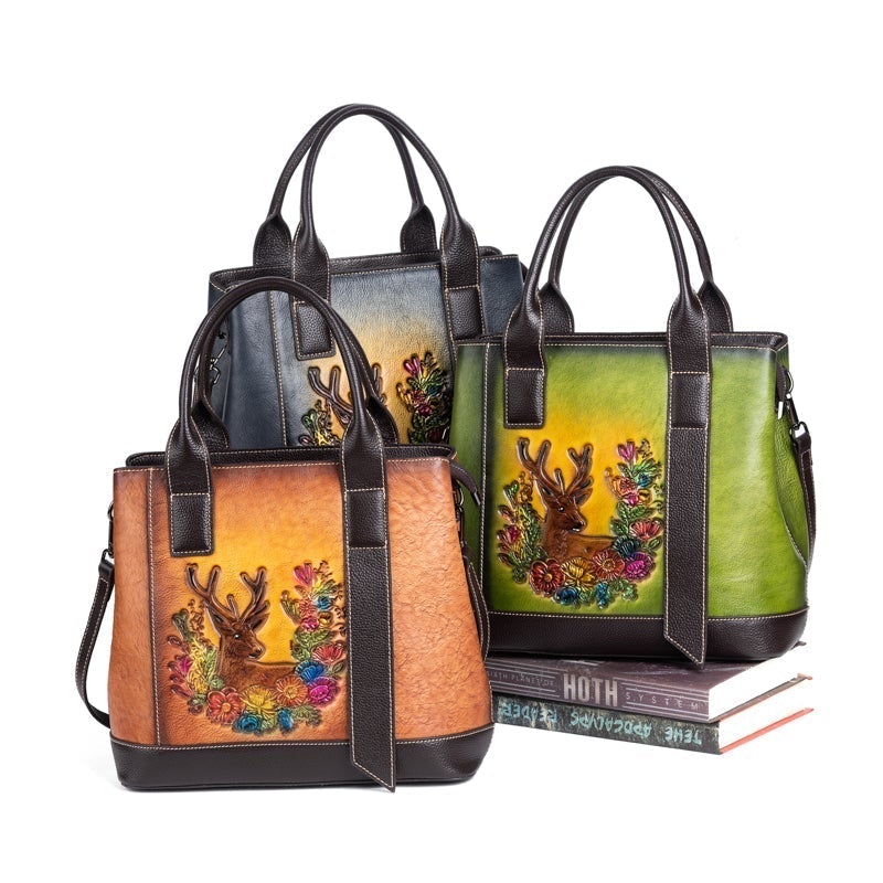 Rossie Viren women's leather handbag with top handle, crossbody strap, and tote style, featuring a sleek shoulder bag design.
