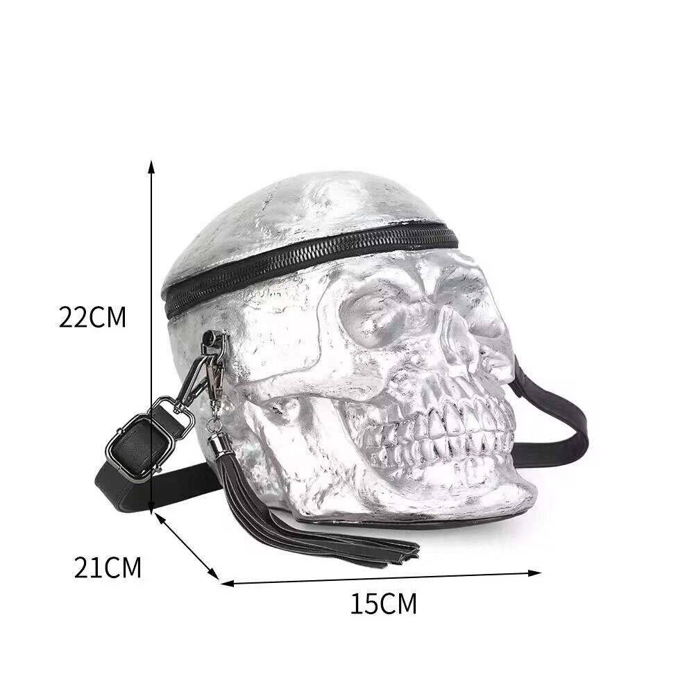 Silver 3D skull crossbody shoulder bag by Rossie Viren, featuring a mini handle and stylish design.