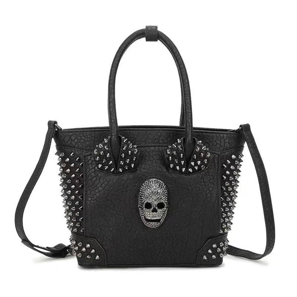 Rossie Viren 3D studded skull shopper bag with bold skull design, sturdy tote style, black fabric with silver stud accents.