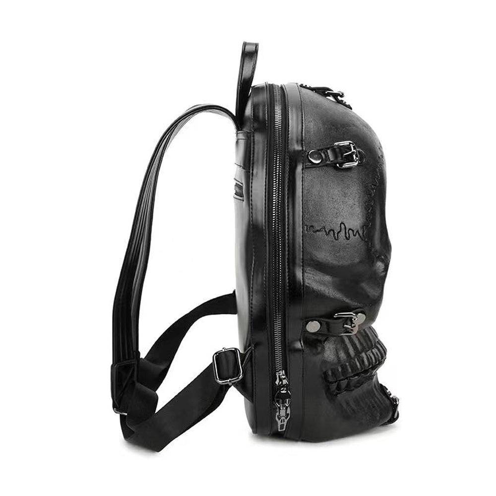 Small unisex 3D skull backpack by Rossie Viren, featuring detailed skull design on black fabric for a bold, stylish look.