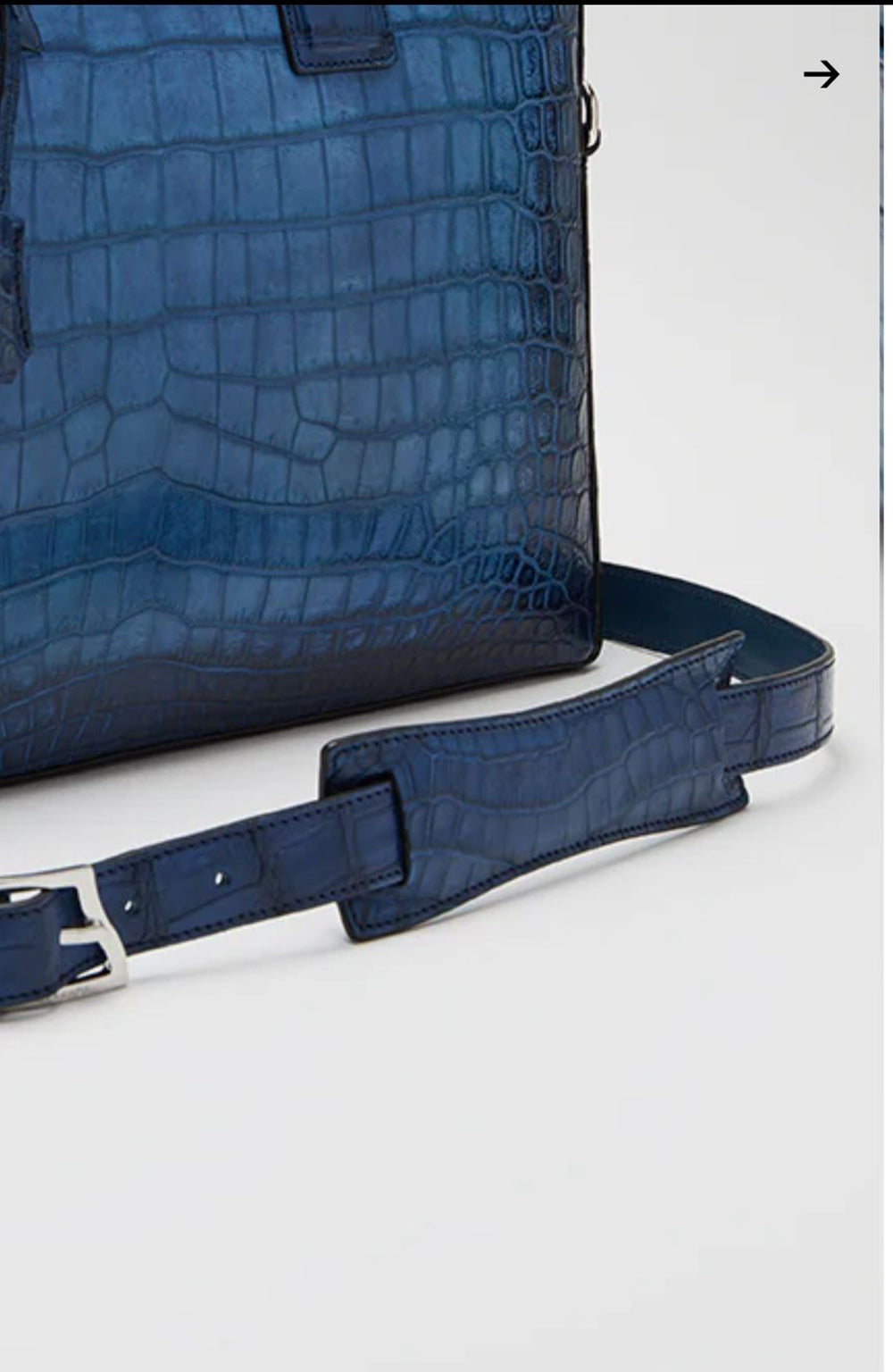 Leather strap of Rossie Viren genuine crocodile skin briefcase handbag showing textured crocodile leather strap.