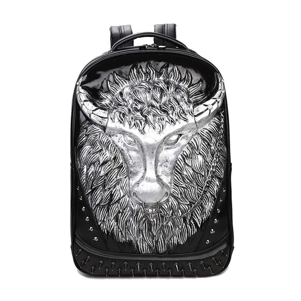 Rossie Viren 3D Cow Head waterproof backpack with studded design, unisex computer laptop bag, durable and stylish handbag.