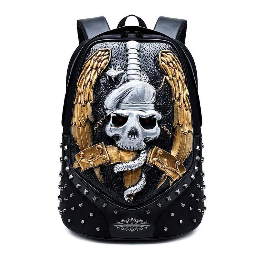 3D Halloween elf backpack by Rossie Viren with faux leather, studs, rivets, and a sword, designed for travel and computer storage.