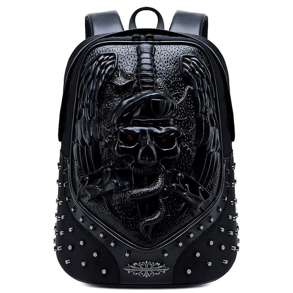 Rossie Viren 3D Halloween Elf backpack with studded faux leather, sword detail, rivets, perfect for travel and computer storage.