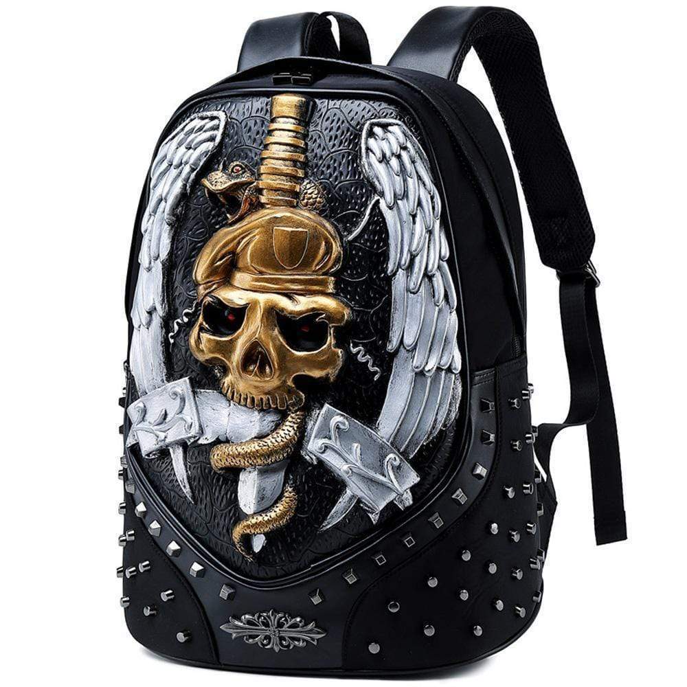 Rossie Viren 3D Halloween Elf backpack with faux leather, studs, sword design, perfect for travel and carrying computers.