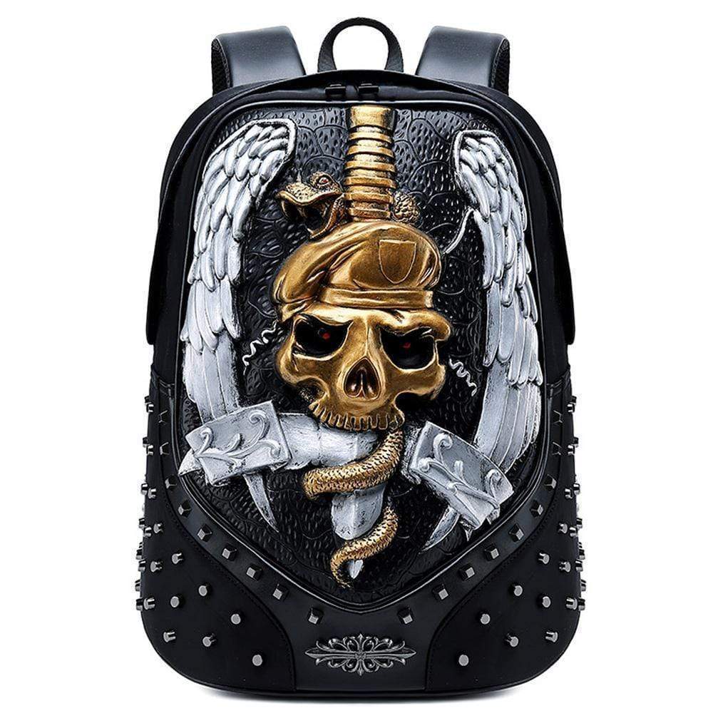 Rossie Viren 3D Halloween Elf backpack with faux leather, studs, sword details, and rivets, ideal for travel and computer storage.