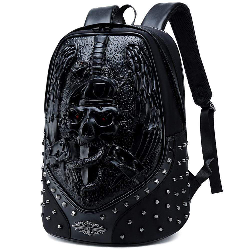 Rossie Viren 3D Halloween Elf backpack with faux leather, studs, rivets, sword detail, perfect for travel and carrying computers.