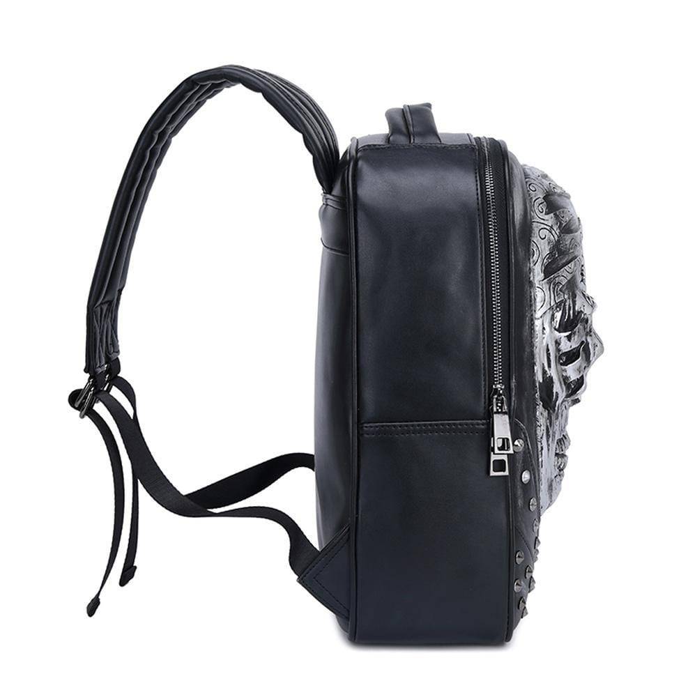 Rossie Viren 3D studded skull backpack with rose design, suitable for carrying laptops and everyday use.