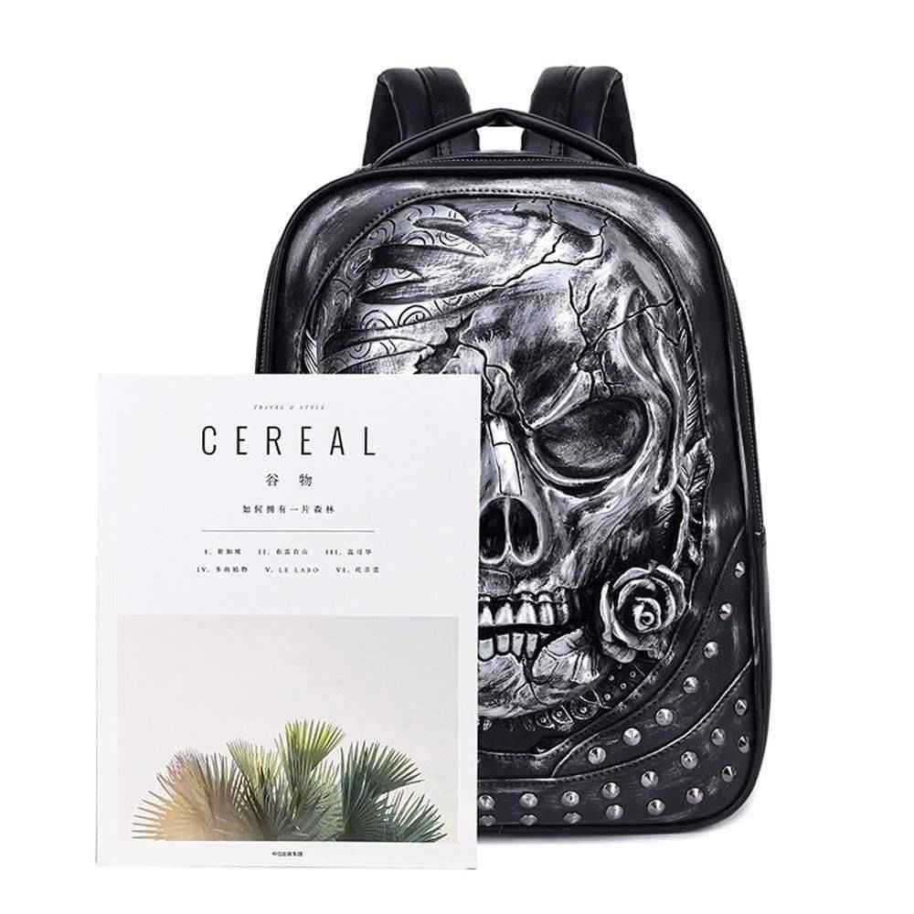 Rossie Viren 3D studded skull backpack with rose design, ideal for carrying laptops and everyday use.