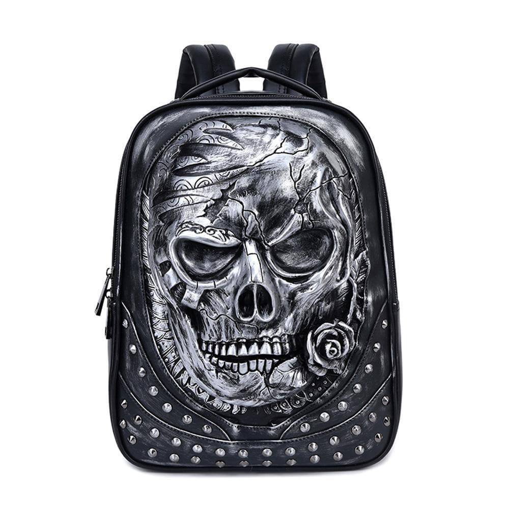 Rossie Viren 3D studded skull backpack with rose design, ideal for laptops and everyday use, featuring bold Halloween-inspired style.