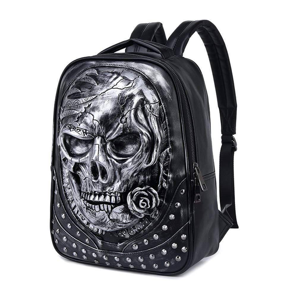 Rossie Viren 3D studded skull backpack with rose design, suitable for laptops and everyday use, featuring Gothic-inspired style.