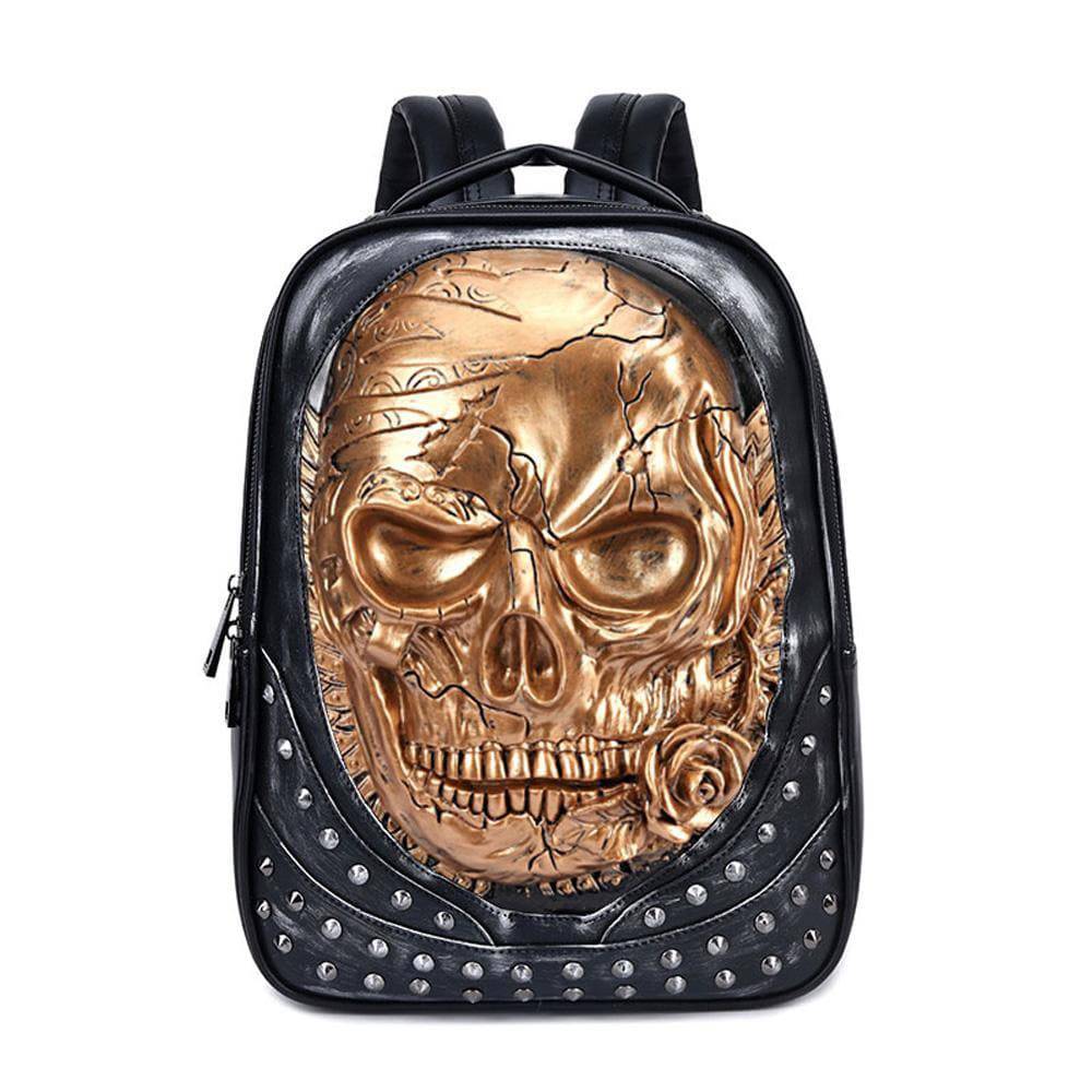 Rossie Viren 3D studded skull backpack with rose design, featuring padded straps and spacious compartments for laptops and essentials.
