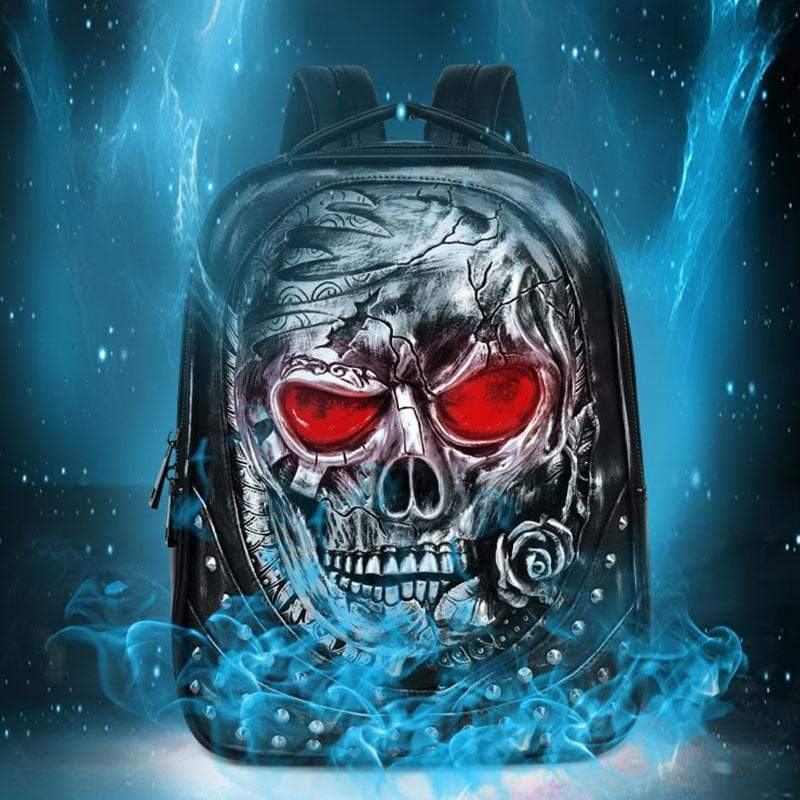 Rossie Viren 3D studded skull backpack with rose design, featuring adjustable straps and spacious compartments for laptops and essentials.