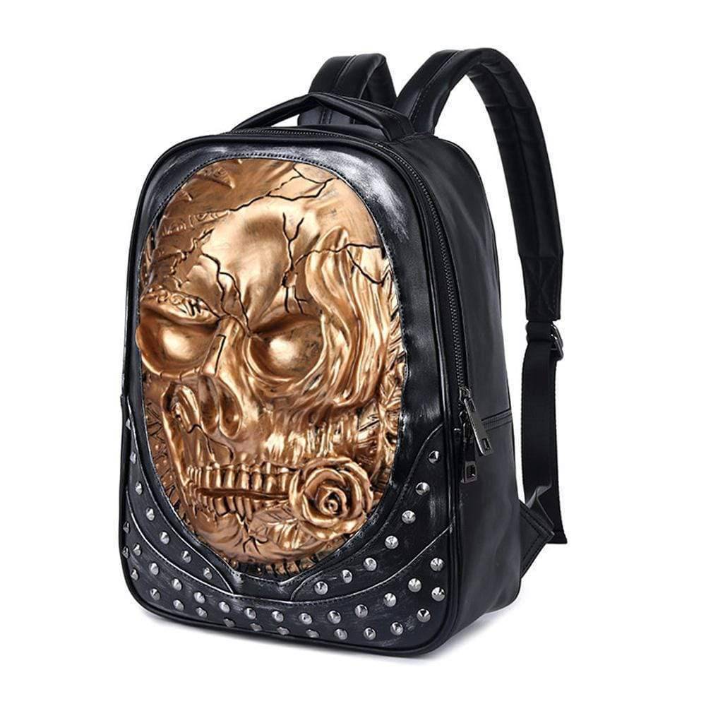 Rossie Viren 3D studded skull backpack with rose design, perfect for Halloween, featuring a spacious compartment for laptops and essentials.