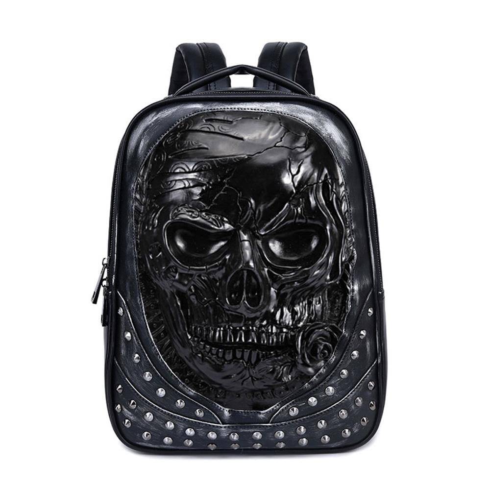 Rossie Viren 3D studded skull backpack with rose design, perfect for carrying laptops and accessories.
