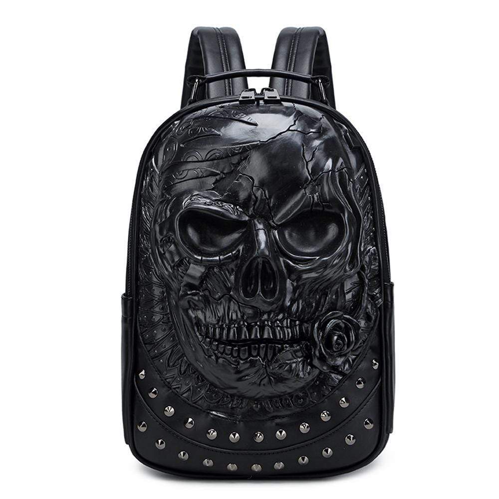 Rossie Viren 3D Halloween backpack with studded skull and rose design, featuring a stylish travel bag with adjustable straps.