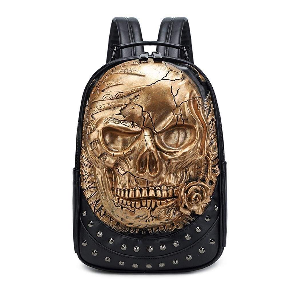 Rossie Viren 3D Halloween backpack with studded skull and rose design, featuring a stylish travel bag with adjustable straps.