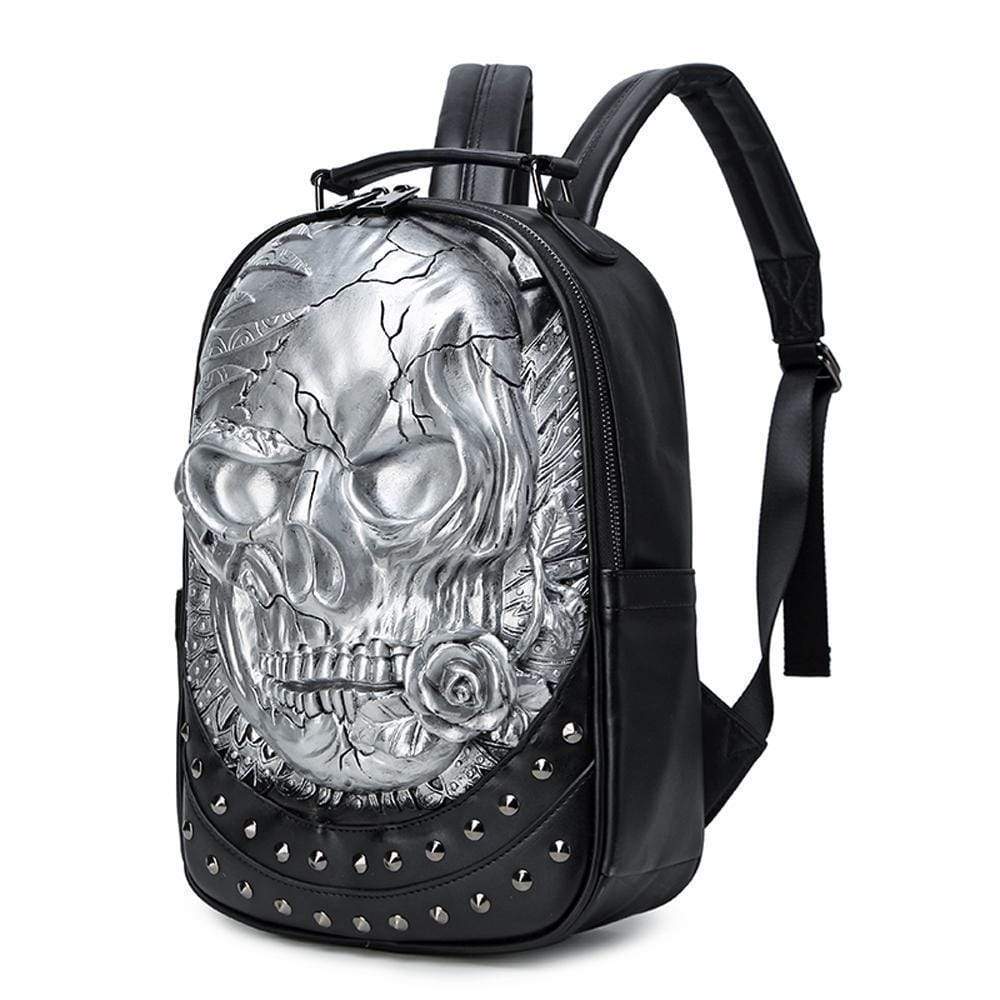 Rossie Viren 3D Halloween backpack with studded skull and rose design, featuring adjustable straps and spacious interior for travel.