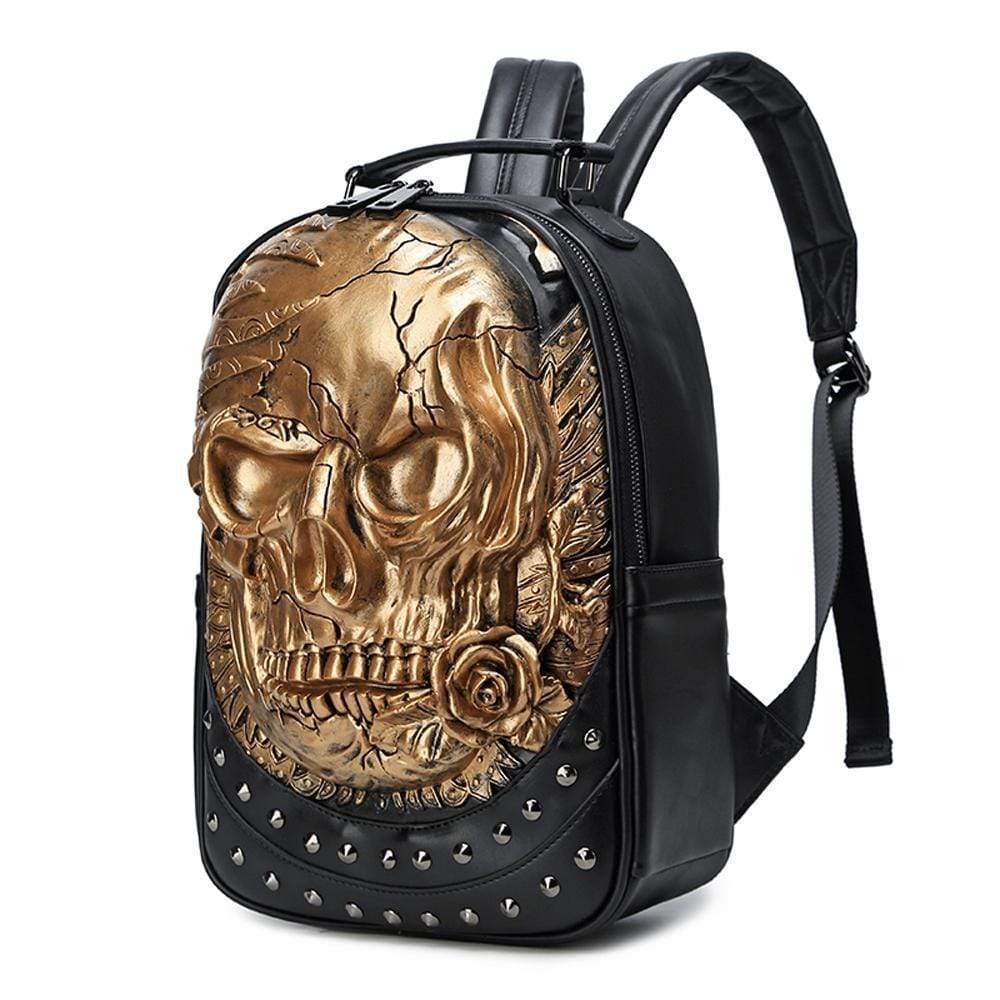 Rossie Viren 3D Halloween skull backpack with studded details, rose accents, and adjustable straps for stylish travel or everyday use.