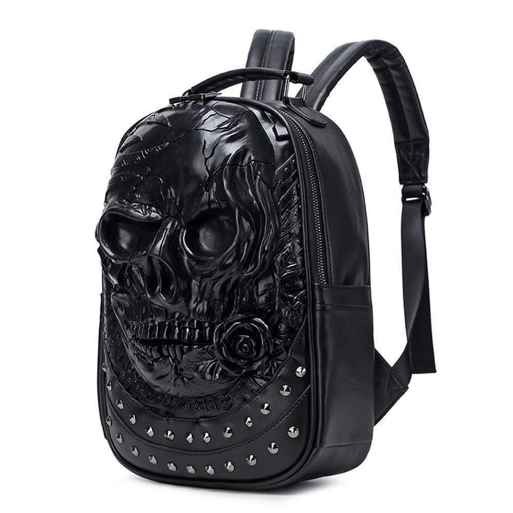 Rossie Viren 3D Halloween skull backpack with studded details, rose embellishments, and travel bag design.